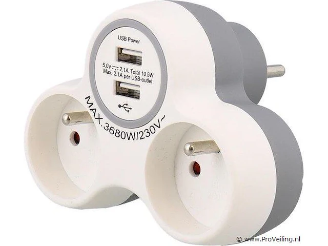Promax - duo verdeelstekker - 2 stopcontacten + 2 usb aansluitingen - wit - afbeelding 1 van  1