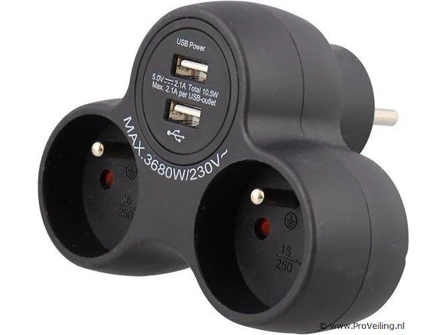 Promax - duo verdeelstekker - 2 stopcontacten + 2 usb aansluitingen - zwart - afbeelding 1 van  1