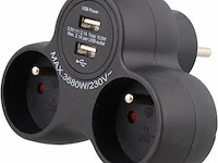 Promax - duo verdeelstekker - 2 stopcontacten + 2 usb aansluitingen - zwart - afbeelding 1 van  1