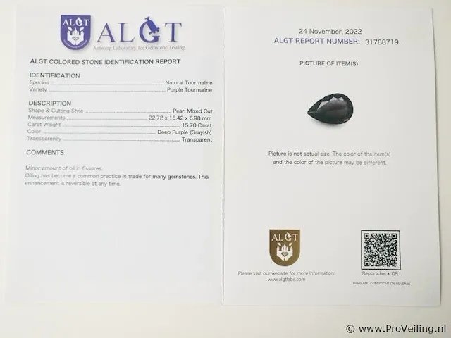 Purple tourmaline 15.70ct algt certified - afbeelding 8 van  8
