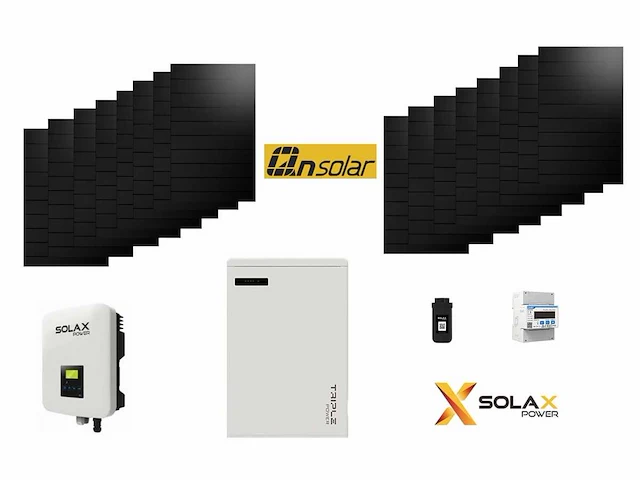 Qn - set van 16 full black zonnepanelen (420 wp) met solax 6.0k hybride omvormer en solax 5.8 kwh batterij t.b.v. opslag - afbeelding 1 van  22