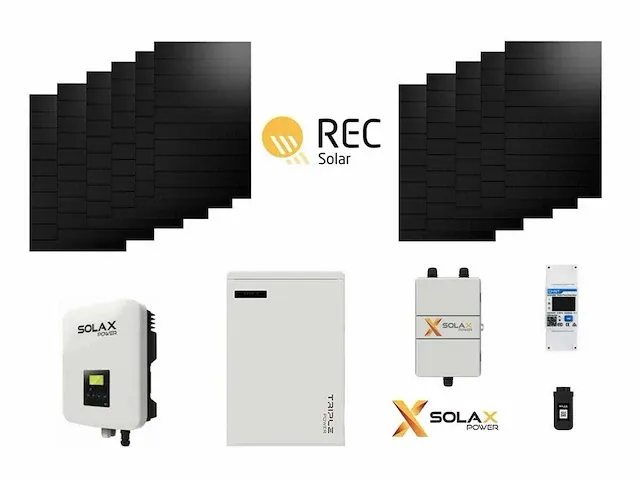 Rec - set van 10 full black zonnepanelen (405 wp) met solax 3.7k hybride omvormer en solax 5.8 kwh batterij t.b.v opslag - afbeelding 1 van  26