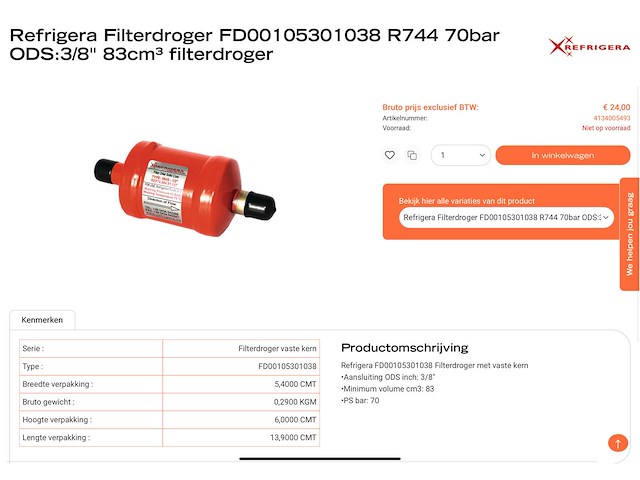 Refrigera fd70005301010 filterdroger 10mm ods 60 bar (23x) - afbeelding 4 van  5