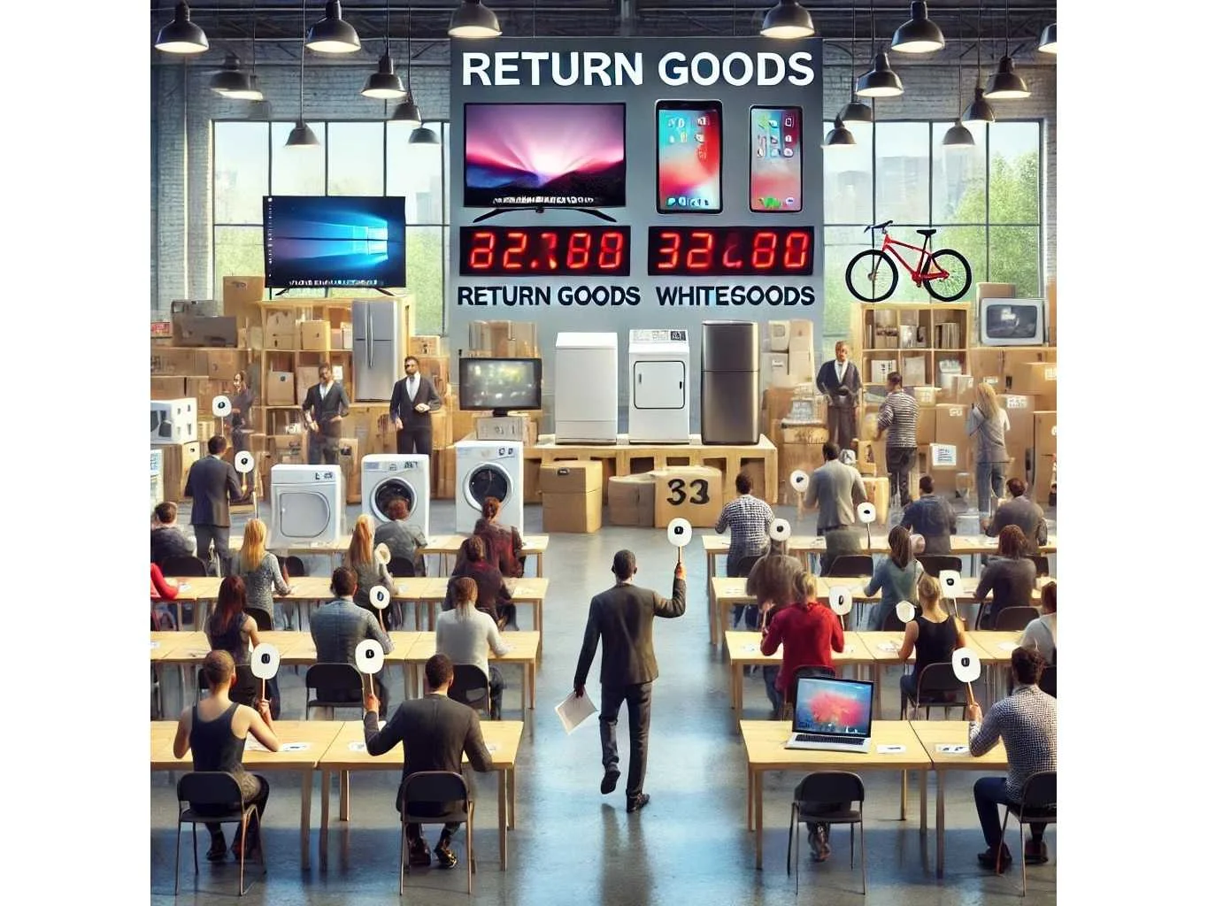 Retourgoederen en overstock: witgoed, televisies, elektrische fietsen, apple macbooks, tablets en mobiele telefoons.