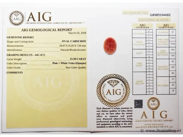 Rhodochrosite 22.38ct aig certified - afbeelding 4 van  4