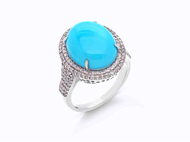 Ring met een grote ovale turquoise en natuurlijke diamanten - afbeelding 1 van  6