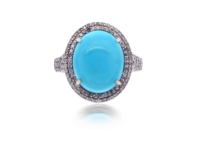 Ring met een grote ovale turquoise en natuurlijke diamanten - afbeelding 3 van  6