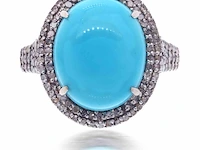 Ring met een grote ovale turquoise en natuurlijke diamanten - afbeelding 3 van  6