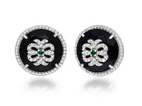 Ronde oorbellen met natuurlijke groene smaragden, onixen en echte diamanten - afbeelding 1 van  6