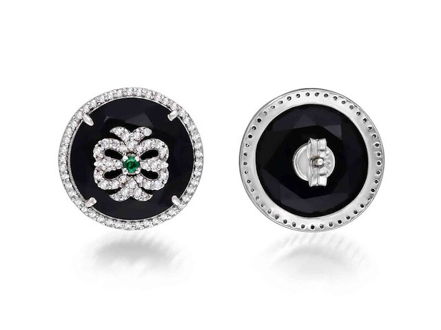 Ronde oorbellen met natuurlijke groene smaragden, onixen en echte diamanten - afbeelding 3 van  6