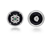Ronde oorbellen met natuurlijke groene smaragden, onixen en echte diamanten - afbeelding 3 van  6