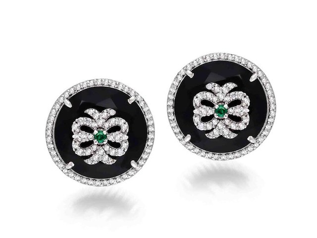 Ronde oorbellen met natuurlijke groene smaragden, onixen en echte diamanten - afbeelding 4 van  6