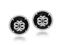 Ronde oorbellen met natuurlijke groene smaragden, onixen en echte diamanten - afbeelding 4 van  6