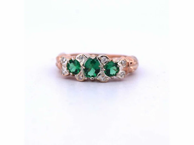 Rose gouden en zilveren ring met diamant en smaragd - afbeelding 3 van  7