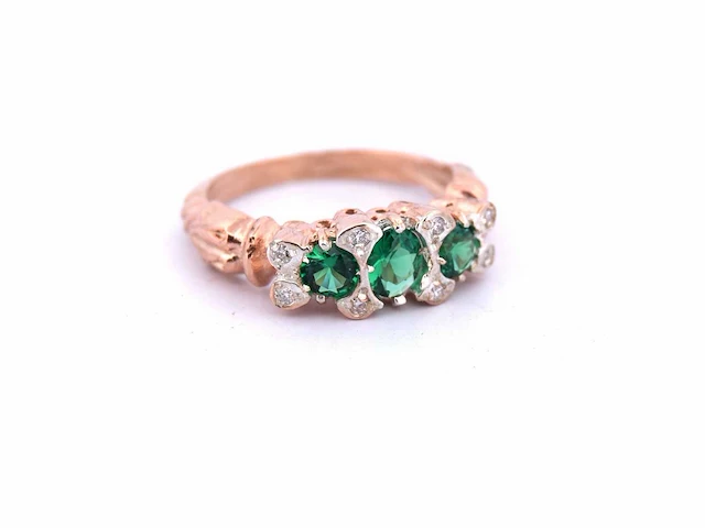 Rose gouden en zilveren ring met diamant en smaragd - afbeelding 4 van  7