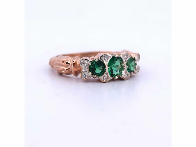 Rose gouden en zilveren ring met diamant en smaragd - afbeelding 5 van  7