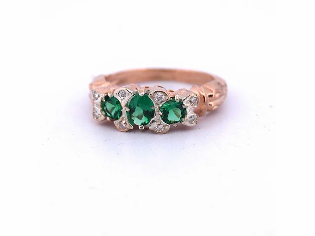 Rose gouden en zilveren ring met diamant en smaragd - afbeelding 6 van  7