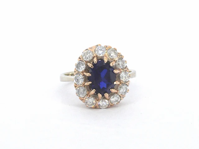 Rosegouden ring met natuurlijke diamanten en een blauwe edelsteen - afbeelding 1 van  9