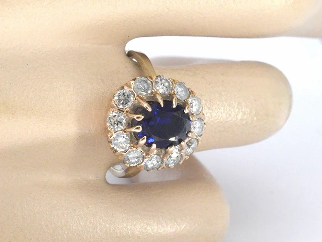Rosegouden ring met natuurlijke diamanten en een blauwe edelsteen - afbeelding 2 van  9