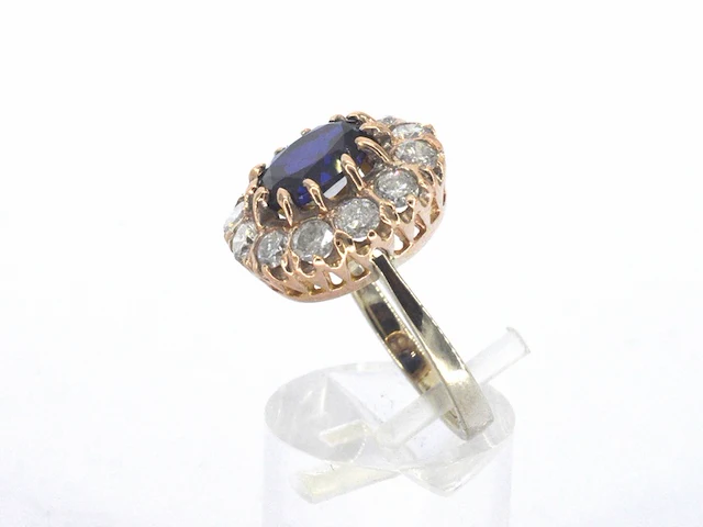 Rosegouden ring met natuurlijke diamanten en een blauwe edelsteen - afbeelding 7 van  9