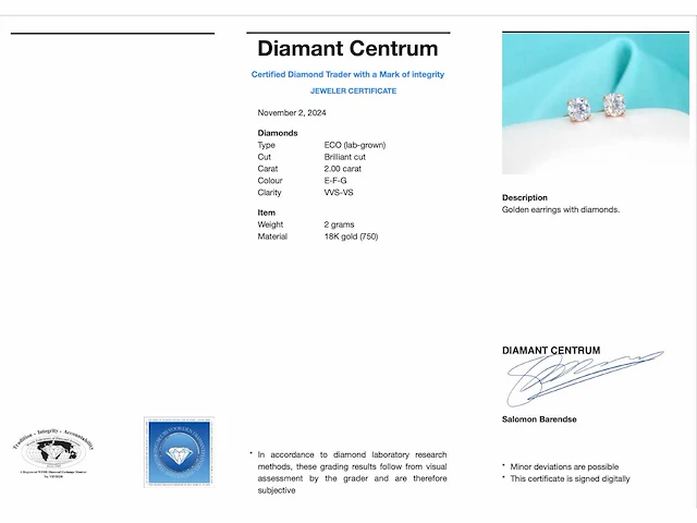 Rosegouden solitaire diamanten oorbellen van 2.00 carat - afbeelding 3 van  8