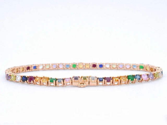 Rosegouden tennisarmband met multi colour edelstenen - afbeelding 4 van  10