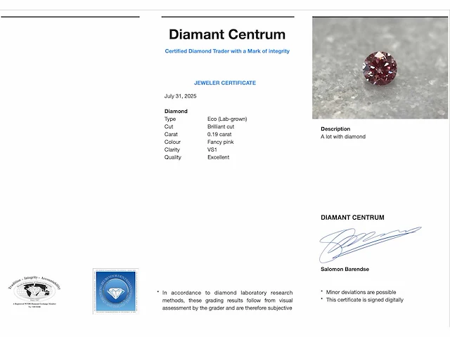 Roze diamant - 0.19 carat briljant geslepen diamant - afbeelding 3 van  4