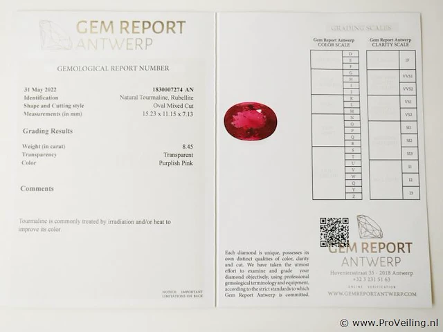 Rubellite 8.45ct gra certified - afbeelding 4 van  4