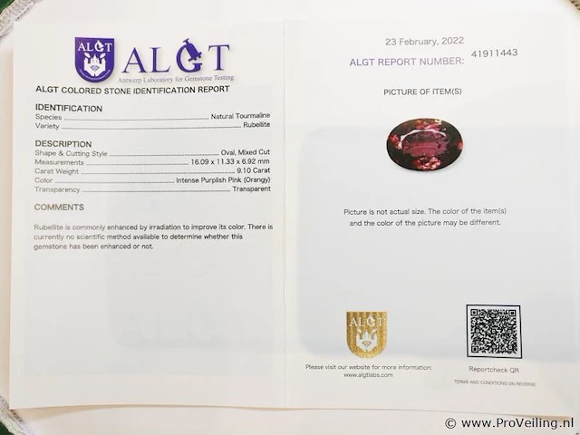 Rubellite 9.10ct algt certified - afbeelding 8 van  8