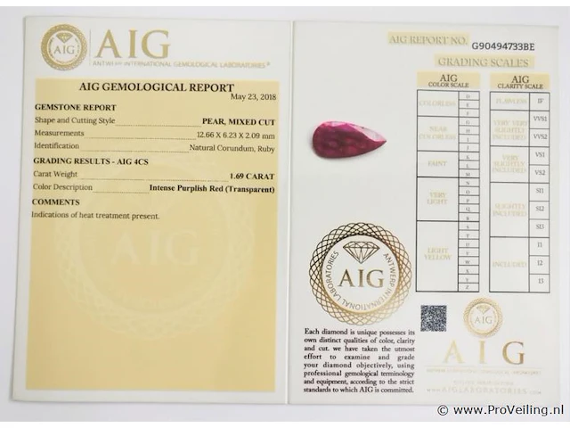 Ruby 1.69ct gra certified - afbeelding 3 van  3