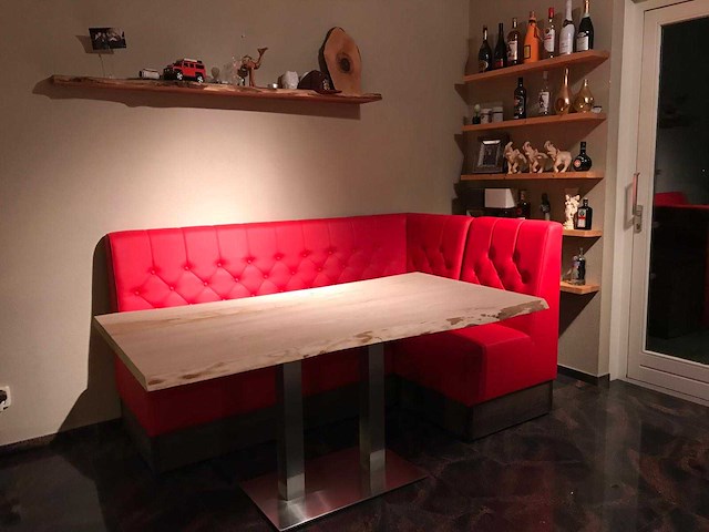 Rvs onderstel essen boomstamblad en rode hoekbank - afbeelding 1 van  3