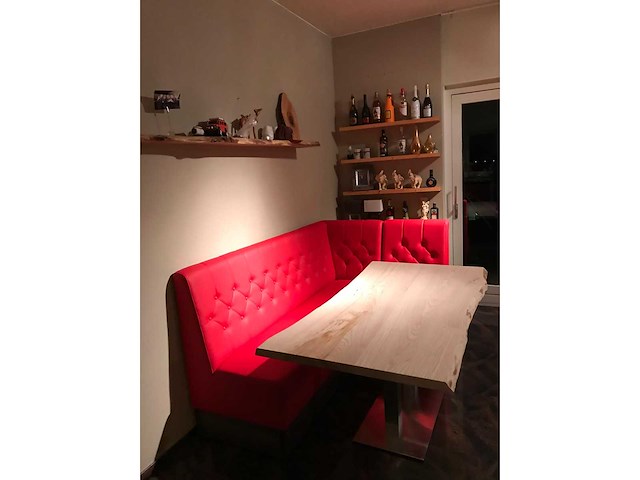 Rvs onderstel essen boomstamblad en rode hoekbank - afbeelding 2 van  3