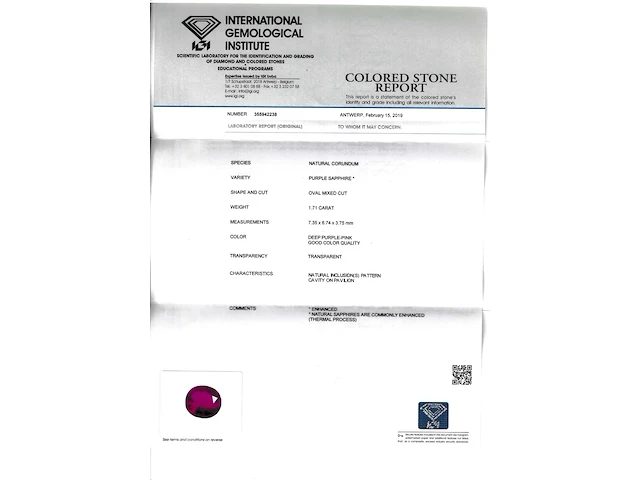 Saffier - 1.71 carat natuurlijke saffier met igi certificaat - afbeelding 2 van  4