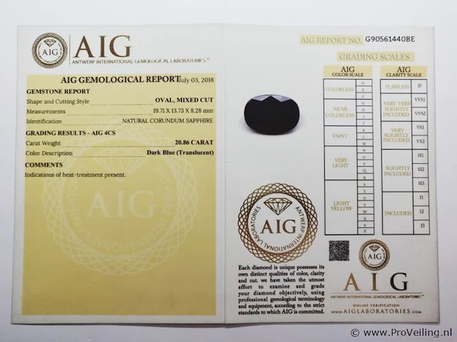 Sapphire 20.86ct aig certified - afbeelding 3 van  3