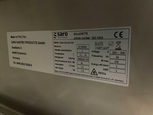 Saro vivia s 903 s/s top koelwerkbank - afbeelding 8 van  8