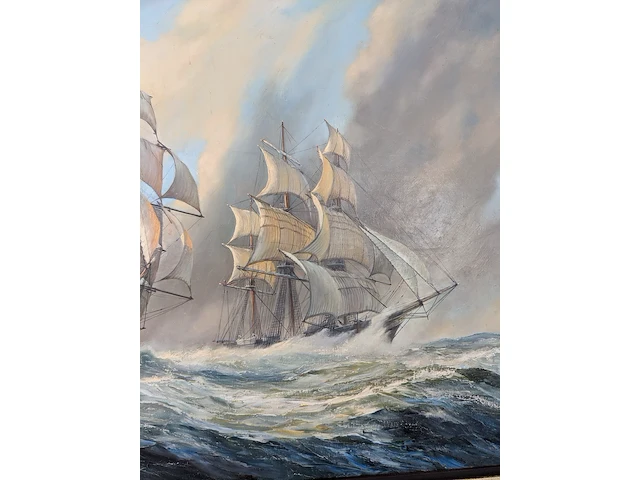 Scheepsportret van twee driemasters op woeste zee olieverf op doek - afbeelding 8 van  10