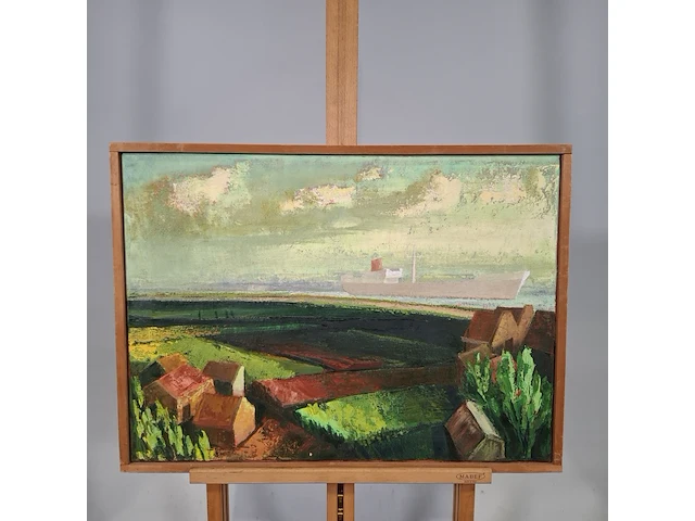 Schilderij, c.j. van der laan, landschap, 1968 - afbeelding 1 van  7