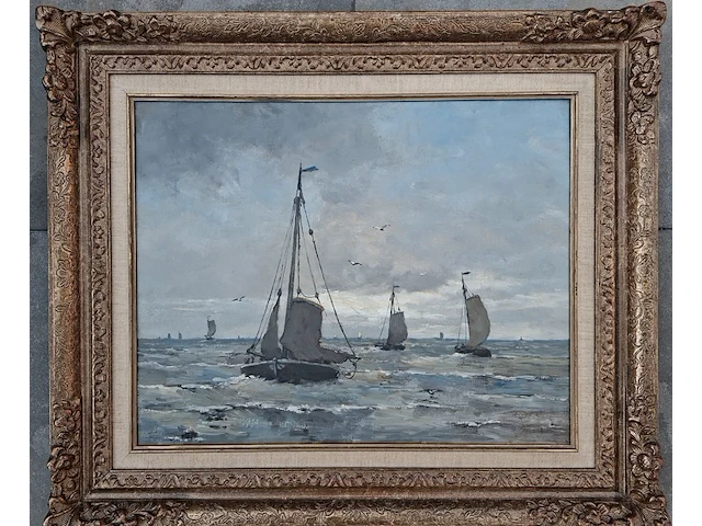 Schilderij, haagse school, mogelijk h.w. mesdag (1831–1915) – zeegezicht met zeilboten, 19e eeuw - afbeelding 1 van  9