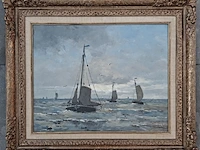 Schilderij, haagse school, mogelijk h.w. mesdag (1831–1915) – zeegezicht met zeilboten, 19e eeuw - afbeelding 1 van  9