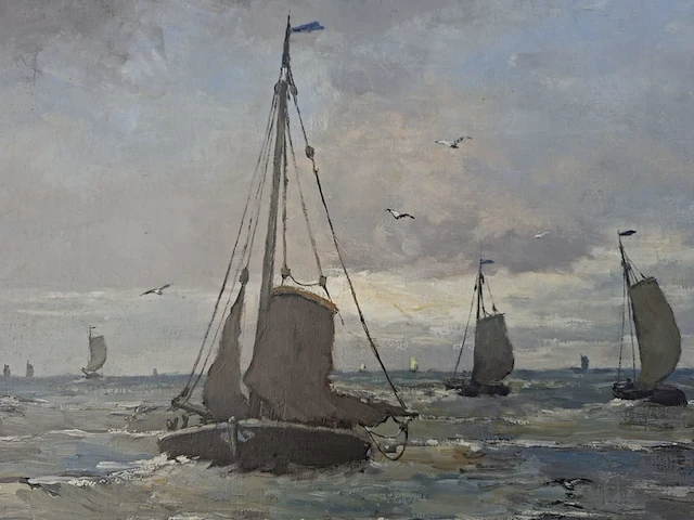 Schilderij, haagse school, mogelijk h.w. mesdag (1831–1915) – zeegezicht met zeilboten, 19e eeuw - afbeelding 3 van  9