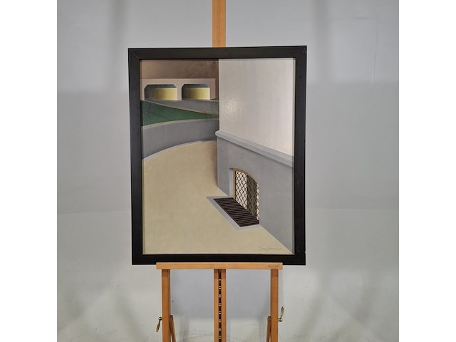 Schilderij, j. janssen, straathoek met rooster, 1961 - afbeelding 1 van  7