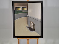 Schilderij, j. janssen, straathoek met rooster, 1961 - afbeelding 1 van  7