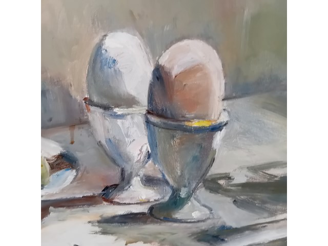 Schilderij, j. kokkelkoren, stilleven met eieren , 1981 - afbeelding 8 van  11