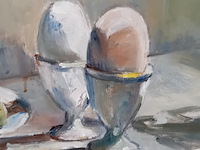 Schilderij, j. kokkelkoren, stilleven met eieren , 1981 - afbeelding 8 van  11