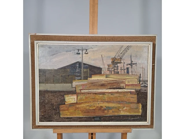Schilderij, j.a. burgerhout, havenkant, 1957 - afbeelding 1 van  8