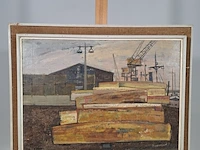 Schilderij, j.a. burgerhout, havenkant, 1957