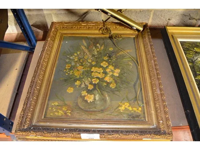 Schilderij vaas bloemen in vergulde kader met verlichting - afbeelding 1 van  6