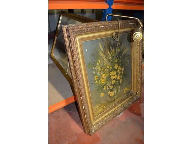 Schilderij vaas bloemen in vergulde kader met verlichting - afbeelding 4 van  6