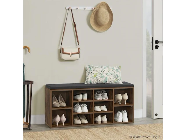 Schoenenkast / schoenenrek 10 vakken - 104 x 30 x 48 cm - donkerbruin - incl. zitkussen - afbeelding 3 van  10