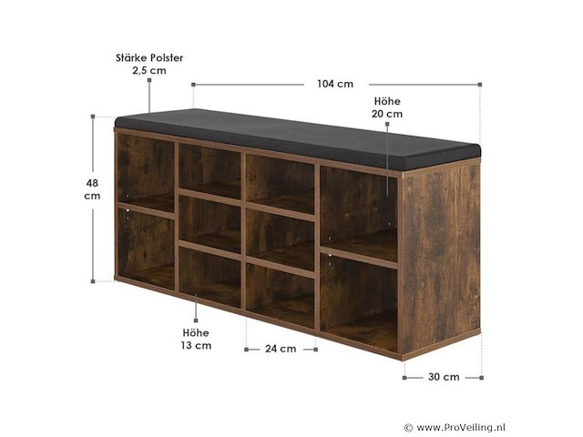 Schoenenkast / schoenenrek 10 vakken - 104 x 30 x 48 cm - donkerbruin - incl. zitkussen - afbeelding 2 van  10